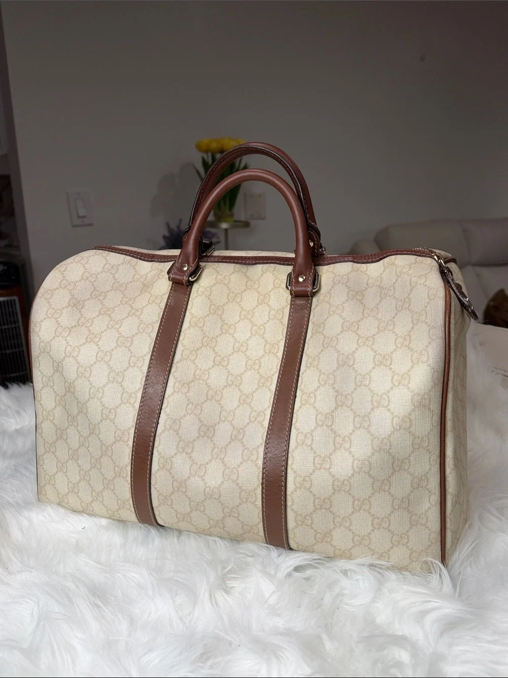 💯Authentic Gucci Beige GG Monogram Duffel with Brown Leather Trim🍀